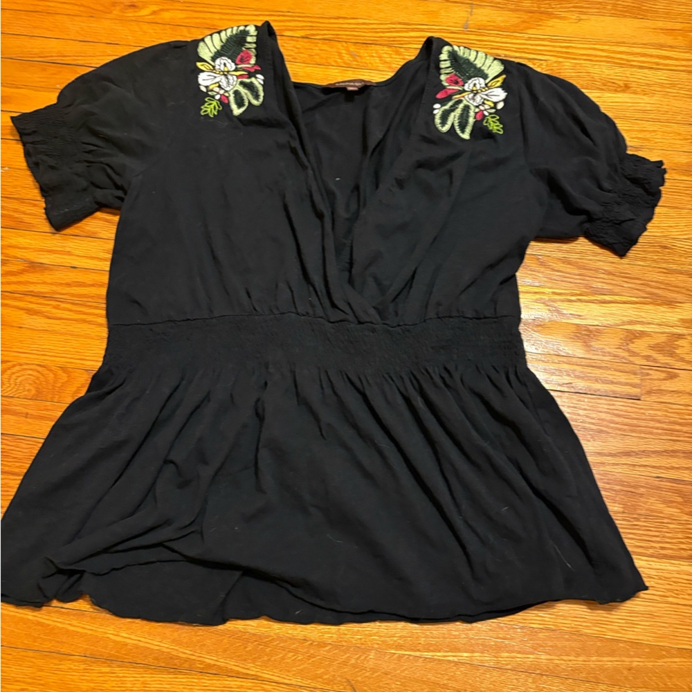Ranna Gill Black V-Neck Peplum Top with Floral Embroidery